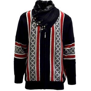 Silversilk Italian Connection Black Geometric Buckle Fur Knit Pullover  NEW